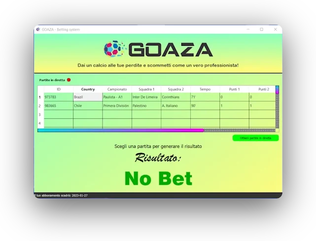 Finestra di Goaza con la tabella delle partite in diretta