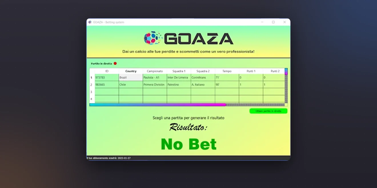 Goaza, sistema desktop per scommesse sportive con la tabella delle partite in diretta