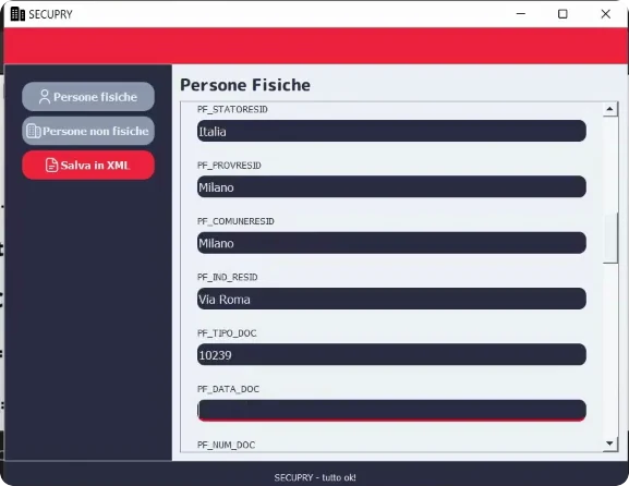 Maschera persone fisiche di SECUPRY con i campi anagrafici del tracciato