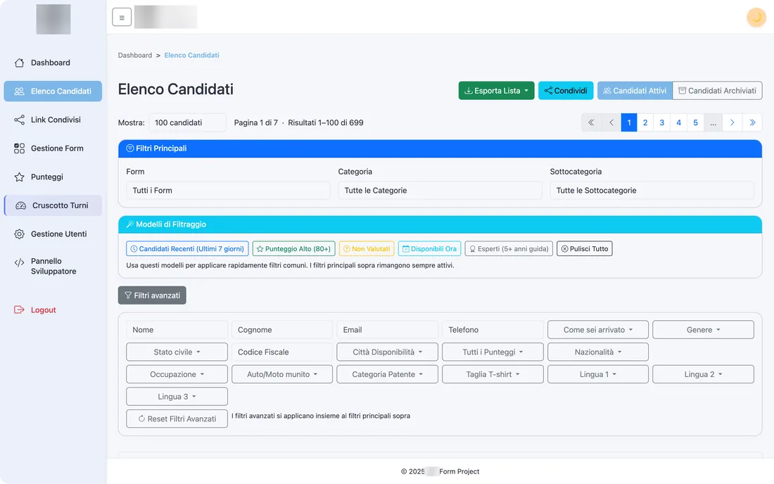 Filtri avanzati sui candidati per patente, lingue, disponibilita ed esperienza