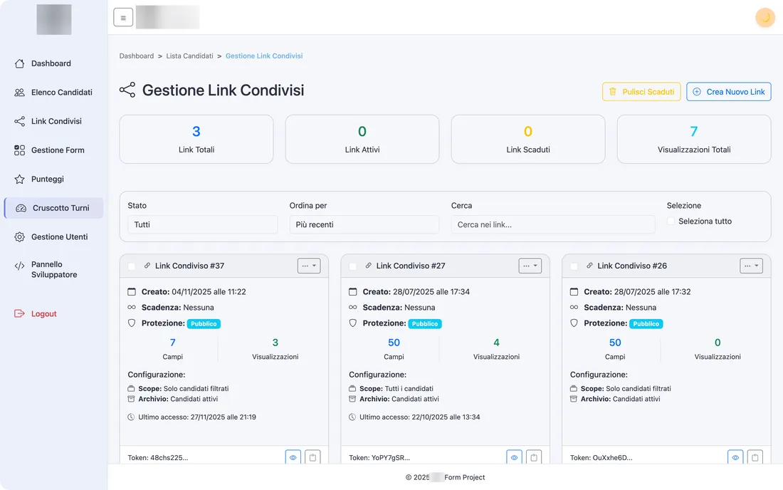 Link condivisi con campi selezionabili, password, scadenza e conteggio degli accessi