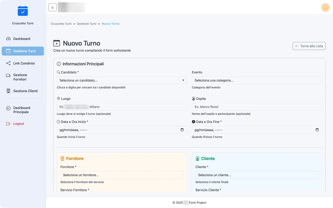 Creazione di un turno con calcolo automatico di ore, costo del fornitore e ricavo dal cliente