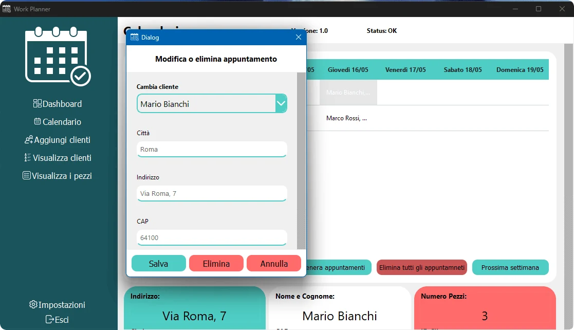Finestra di modifica di un appuntamento in Work Planner con cliente, citta, indirizzo e CAP
