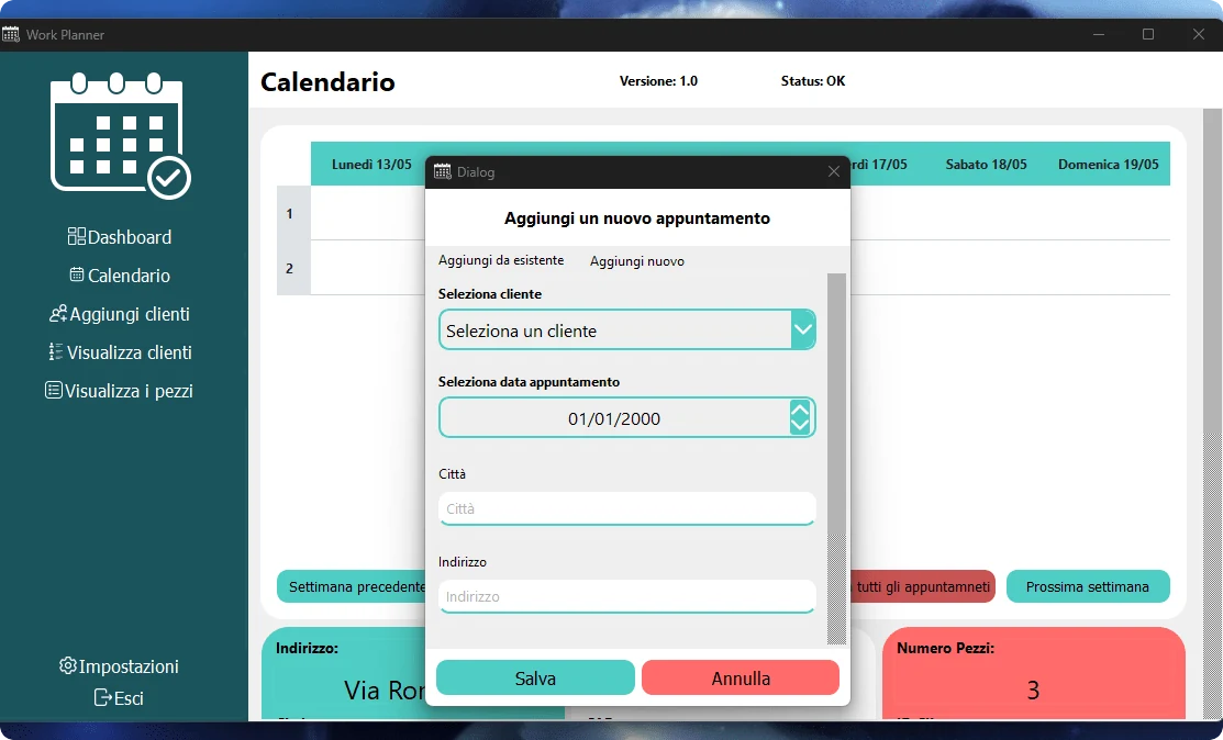 Calendario settimanale di Work Planner con la finestra di inserimento di un nuovo appuntamento