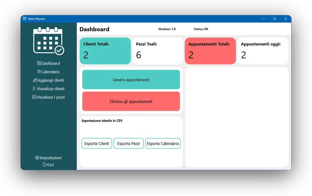 Finestra di Work Planner con la dashboard di clienti, pezzi e appuntamenti