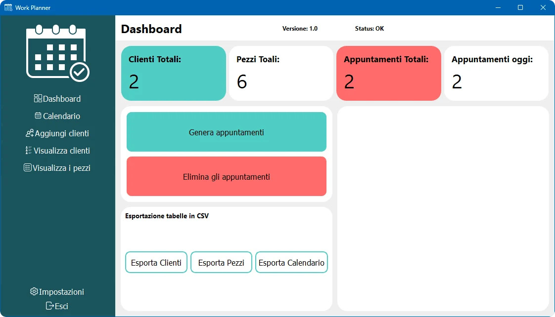Dashboard di Work Planner con i totali di clienti, pezzi e appuntamenti