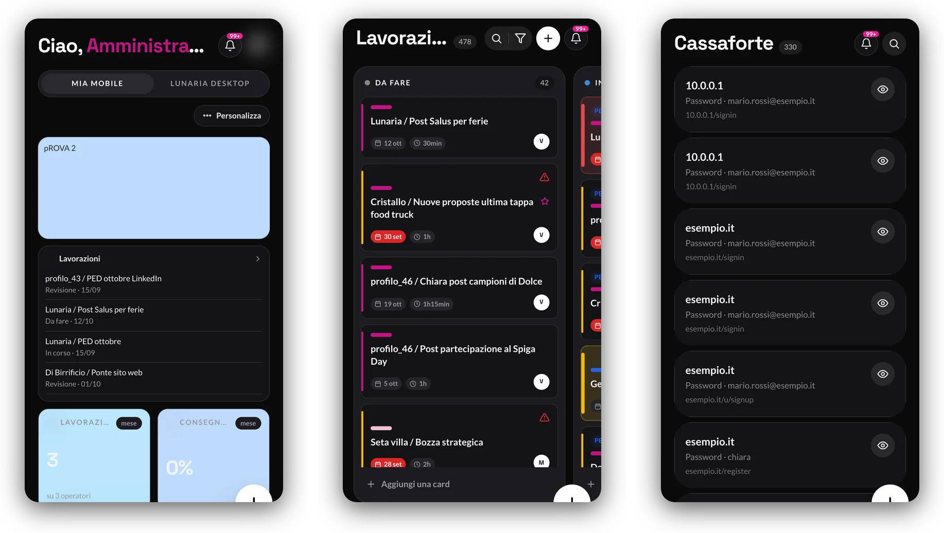 Scrivania, lavorazioni e cassaforte nell applicazione da telefono