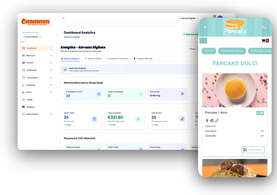 Il gestionale GNAMMM aperto sul computer e il menu digitale sul telefono