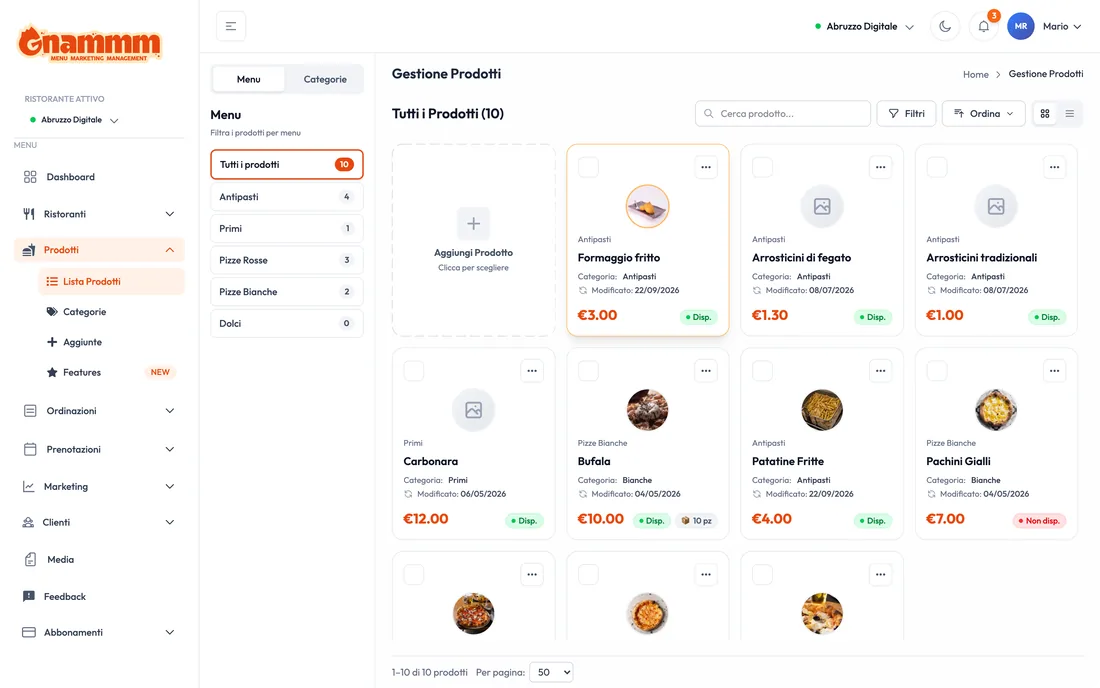 Catalogo prodotti del gestionale, con filtri, prezzi e disponibilita