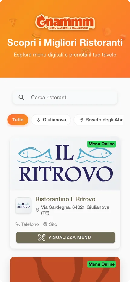 Pagina pubblica che raccoglie i ristoranti della piattaforma, filtrabile per citta