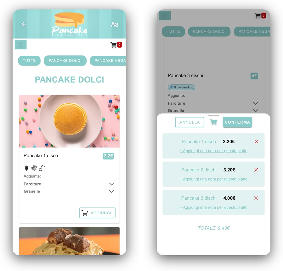 Scheda prodotto con foto, allergeni e aggiunte, e carrello con le note per piatto