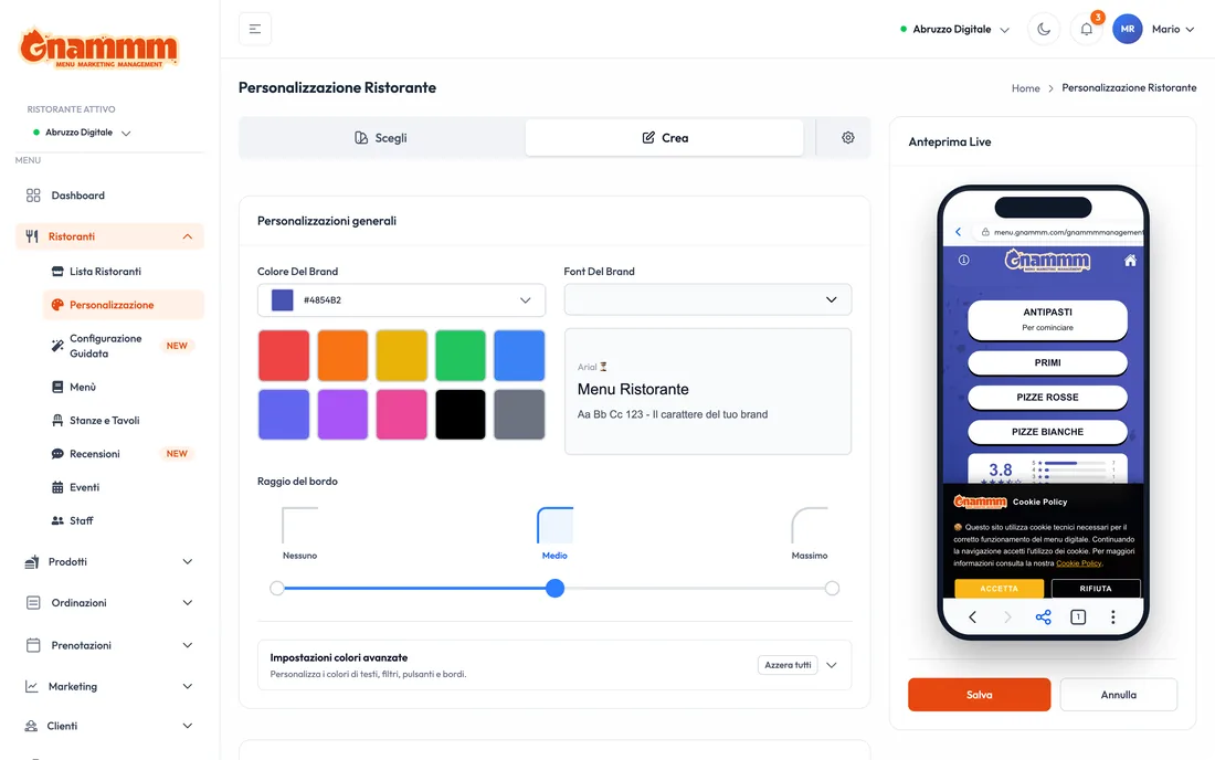 Editor del tema del ristorante, con l anteprima che si aggiorna dentro un telefono simulato