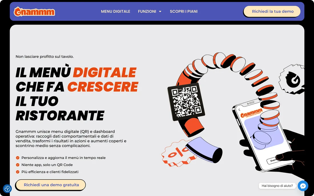 Home del sito vetrina di GNAMMM, con la presentazione del menu digitale