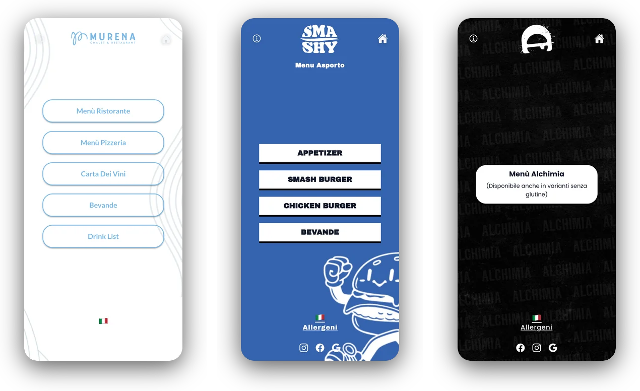 Lo stesso menu digitale con tre temi diversi, uno per ogni ristorante