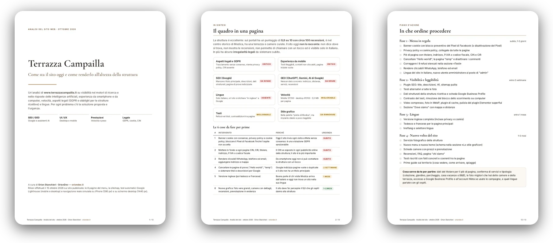 Tre pagine dell'analisi del sito: copertina, sintesi e piano d'azione